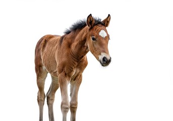 Fototapeta premium Vulnerable young horse isolated on a plain white background. The newborn equine is prominent and perfectly focused, highlighting its delicate form ,spotted ,white background ,youth