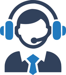 shows a faceless operator wearing a blue headset and tie on white