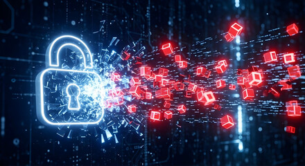 Digital Padlock Breaking Apart into Red Cubes Cyber Security Breach Concept