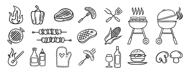 Barbecue grill party doodle hand drawn icon set. Outline drawing BBQ tools charcoal firewood and products line clipart symbol collection 
