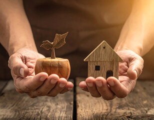 Hands holding a plant and a house - growth and security.