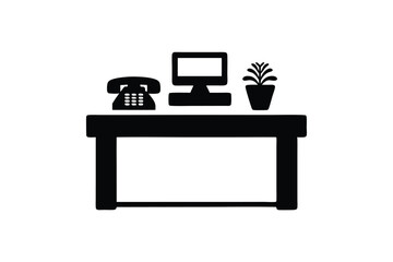 Simple black and white line work shows a telephone and monitor on a desk
