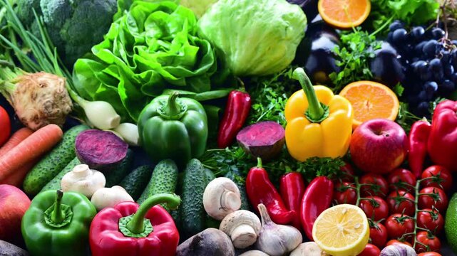 Fresh raw vegetables and fruits. Ingredients of vegan diet