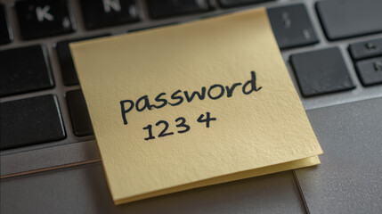 yellow sticky note with the handwritten password "1234" is placed on a laptop keyboard. This highlights a major cybersecurity risk: using weak passwords and storing them in unsecured, visible places