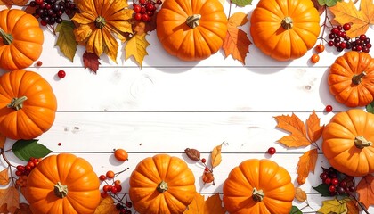 Autumnal Abundance - Pumpkins, Berries, and Leaves on White Wood.