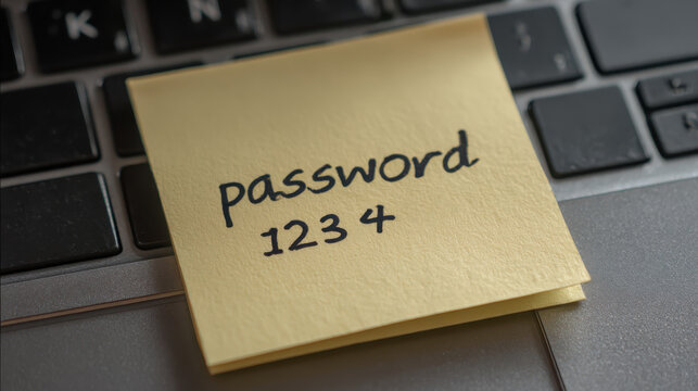 yellow sticky note with the handwritten password "1234" is placed on a laptop keyboard. This highlights a major cybersecurity risk: using weak passwords and storing them in unsecured, visible places