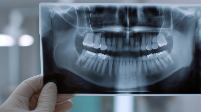 gloved hand holds a panoramic dental X-ray image, revealing the full set of teeth, jawbones, and dental structure in a clinical diagnostic setting