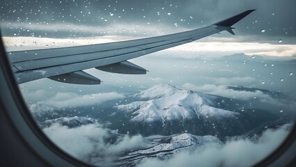 Airplane wing soaring over snow capped mountains and clouds during a breathtaking aerial journey