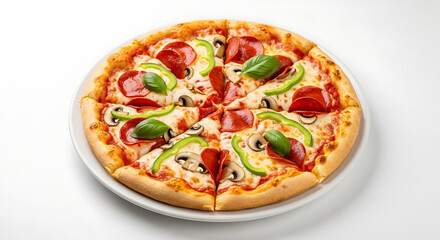 Delicious pepperoni and mushroom pizza with fresh basil, ready to be shared for an unforgettable meal experience.