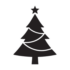 Fototapeta premium Simple black silhouette of a decorated christmas tree with a star on white background