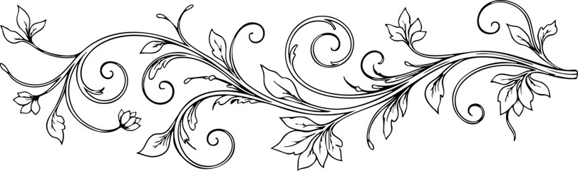 Elegant black and white flourish design with delicate leaves and swirling vines, perfect for decorative accents and invitations.