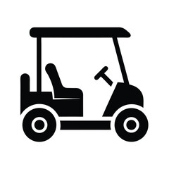 Simple black silhouette depicts a golf cart with roof and steering wheel on white