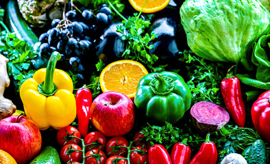 Fresh raw vegetables and fruits. Ingredients of vegan diet