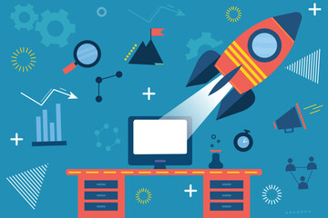 Flat vector illustration of rocket launching from a computer,symbolizing digital marketing,startup growth and innovation.Perfect for business,technology and online promotion concepts.