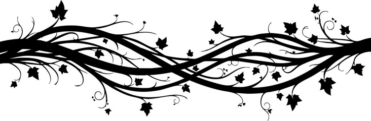 Elegant black vine border with leaves creates a sophisticated decorative accent for natural and organic designs
