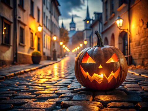 Eerie halloween night scene with a glowing jack olantern on a cobblestone street in an old town