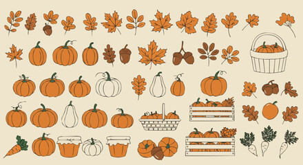 Cozy autumn vector set with pumpkins, leaves, pies, and seasonal elements. Great for fall decor, social media, and product packaging.