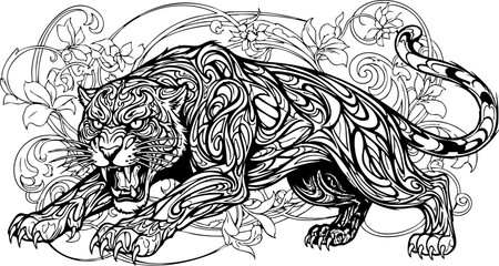Powerful stylized panther with intricate tribal patterns stalks forward amidst elegant floral flourishes, exuding raw energy and fierce beauty.