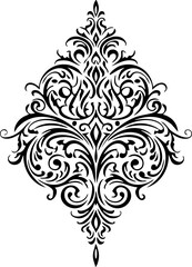 Elegant black ornate damask flourish design evokes classic luxury and timeless sophistication for premium branding and decorative accents
