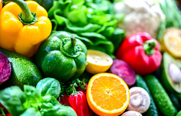 Fresh raw vegetables and fruits. Ingredients of vegan diet