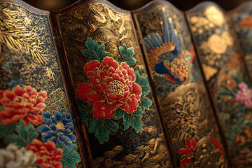 金泊の屏風　和風柄　AI生成画像