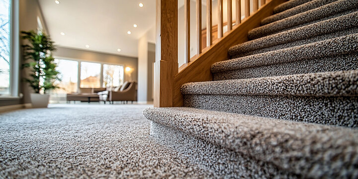 Elegant carpeted staircase with wooden banister in bright home Generative AI