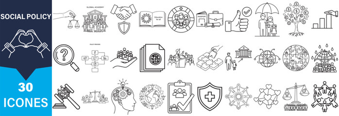 A grid of 30 hand-drawn icons representing social policy concepts, presented in a clear silhouette style.