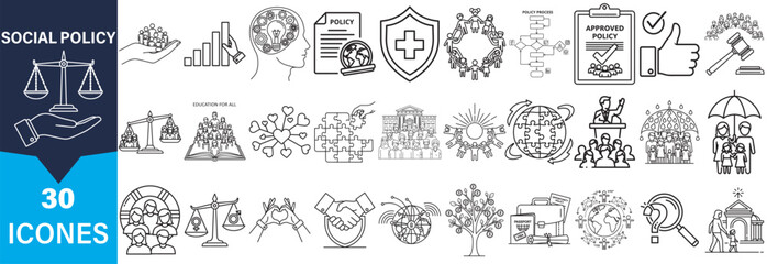 A grid of 30 hand-drawn icons representing social policy concepts, presented in a clear silhouette style.