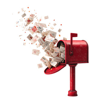 Red mailbox overflowing with letters addressed to Santa Isolated on transparent Background.