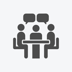 Three faceless people sitting at a table with thought bubbles above them, having discussion