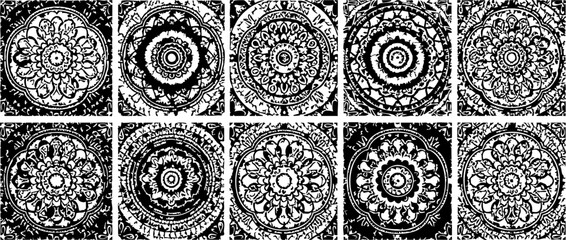 Intricate black and white mandala patterns showcase detailed circular designs, perfect for artistic backgrounds or textile prints.