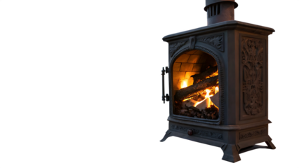 Warmth and light emanating from a cast iron fireplace cut out on PNG. AI GENERATED.