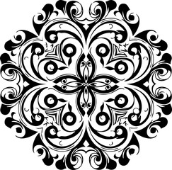 Intricate black floral flourish design with elegant swirling patterns and symmetrical symmetry, perfect for decorative applications and sophisticated branding.