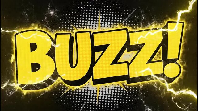 A bright yellow buzz text with exclamation point on a black and white halftone background design element