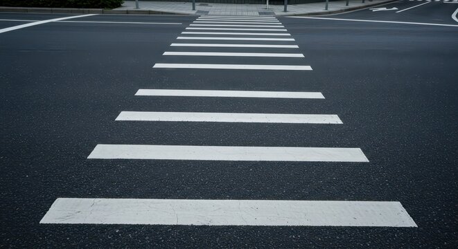 Wide angle view of an urban crossroads intersection with clear white striped crosswalk markings on dark asphalt pavement, showing infrastructure, transit, markings, geometry