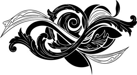 Elegant black and white decorative flourish with swirling floral motifs, perfect for sophisticated branding and artistic design projects.