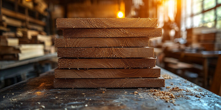 Stacked oak planks on workshop table bathed in sunlight Generative AI