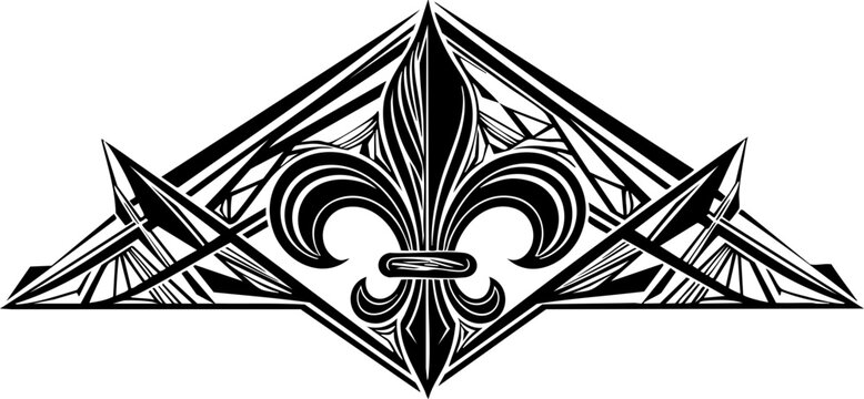 Elegant art deco fleur de lis emblem with geometric patterns and sharp lines conveying sophistication and historical prestige