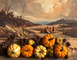 Autumn Harvest - Pumpkins and Gourds in a Rustic Landscape.