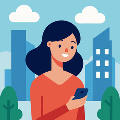Young woman using smartphone in city park with buildings and clouds