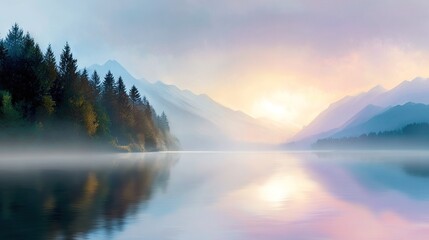  A mountain lake painting with trees in the foreground and the sun shining behind cloudy skies