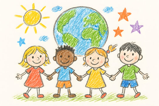 Diverse group of happy children holding hands in front of a crayon drawing of planet earth and sun