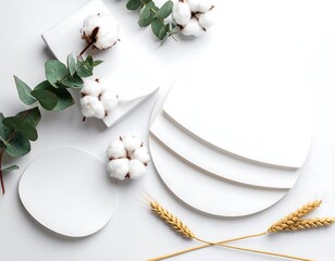 Minimalist beauty concept with cotton flowers and eucalyptus.