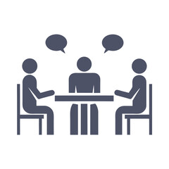 Three icon figures are sitting at a table with speech bubbles overhead