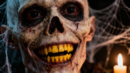 A life-like skeleton with exaggerated yellow teeth grins eerily in a dimly lit space. The background features flickering candlelight and ominous spider webs, enhancing the Halloween atmosphere