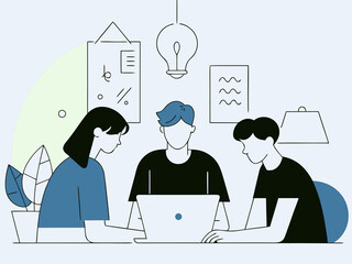 Group of young professionals collaborating around laptop, creative startup office, vibrant atmosphere