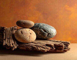Zen Still Life - Stones and Wood on Earthy Background.