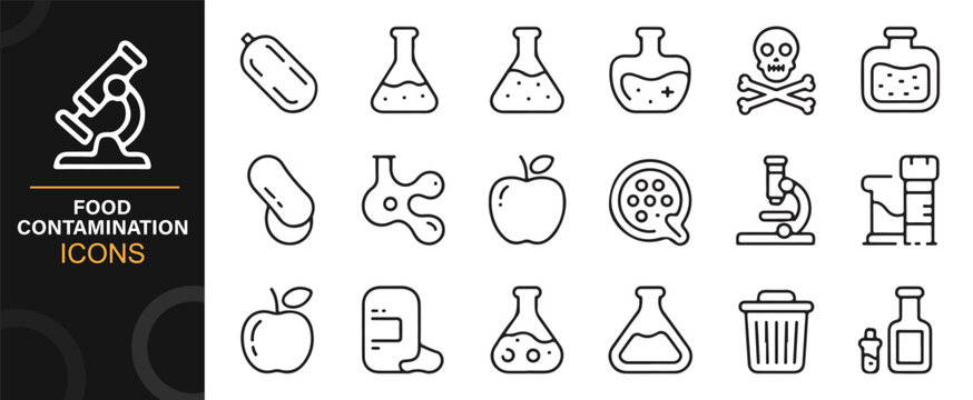 Science research and contamination icon set with apple, flask, microscope, and petri dish.
