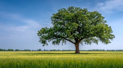 Fototapeta premium Large tree in field surrounded by green grass and blue sky