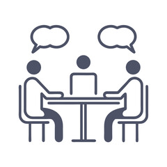 Three people are sitting around a table with speech bubbles above their heads